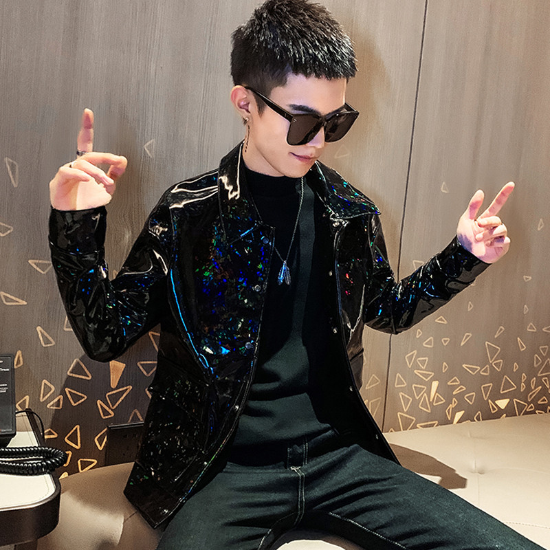 Sjajna kožna jakna za muškarce u korejskom stilu, jesenski vodootporni modni ulični kaput PU motociklistička kožna jakna Kostim pjevačice