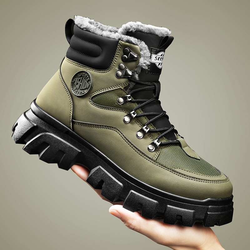 Pánske kožené outdoorové turistické topánky, pohodlné a všestranné ležérne bavlnené čižmy, zimné snehové topánky