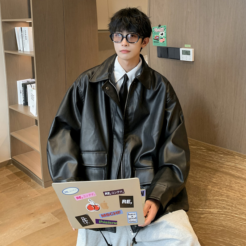 Jesenné pánske PU motocyklové bundy so zipsom, vetruodolné, pekné vintage kabáty s golierom Harajuku, voľné vrchné oblečenie Homme M-5XL