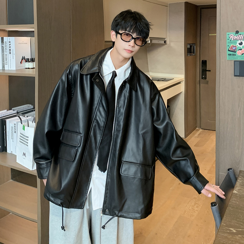 Jesenné pánske PU motocyklové bundy so zipsom, vetruodolné, pekné vintage kabáty s golierom Harajuku, voľné vrchné oblečenie Homme M-5XL