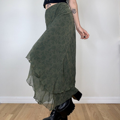 Κομψές Lady ακανόνιστες ψηλόμεσες μίντι φούστες Grunge 2000s αισθητικής φούστα σιφόν Vitnage streetwear Πράσινα ρούχα