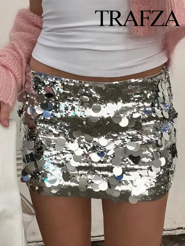 TRAFZA Fusta mini sexy din paiete cu paiete la modă pentru femei de vară cu talie joasă fustă elastică bodycon pentru club de plajă, îmbrăcăminte de stradă, fustă scurtă