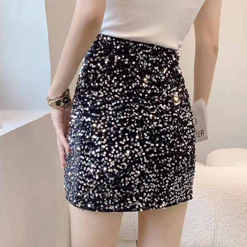 ITOOLIN Fuste șic strălucitoare pentru femei, sexy, cu talie înaltă, subțire, pentru petrecere, fustă în formă de A, vară, elegantă, pentru femei, mini fustă bodycon la birou 2023