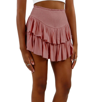 Ženska jednobojna plisirana kratka suknja visokog struka s visokim strukom, plisirani porub s volanima i kratkim hlačama ispod