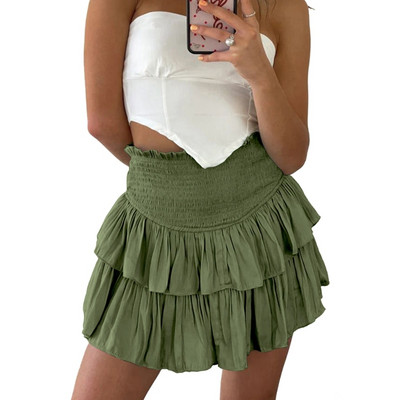 Ženska jednobojna plisirana kratka suknja visokog struka s visokim strukom, plisirani porub s volanima i kratkim hlačama ispod