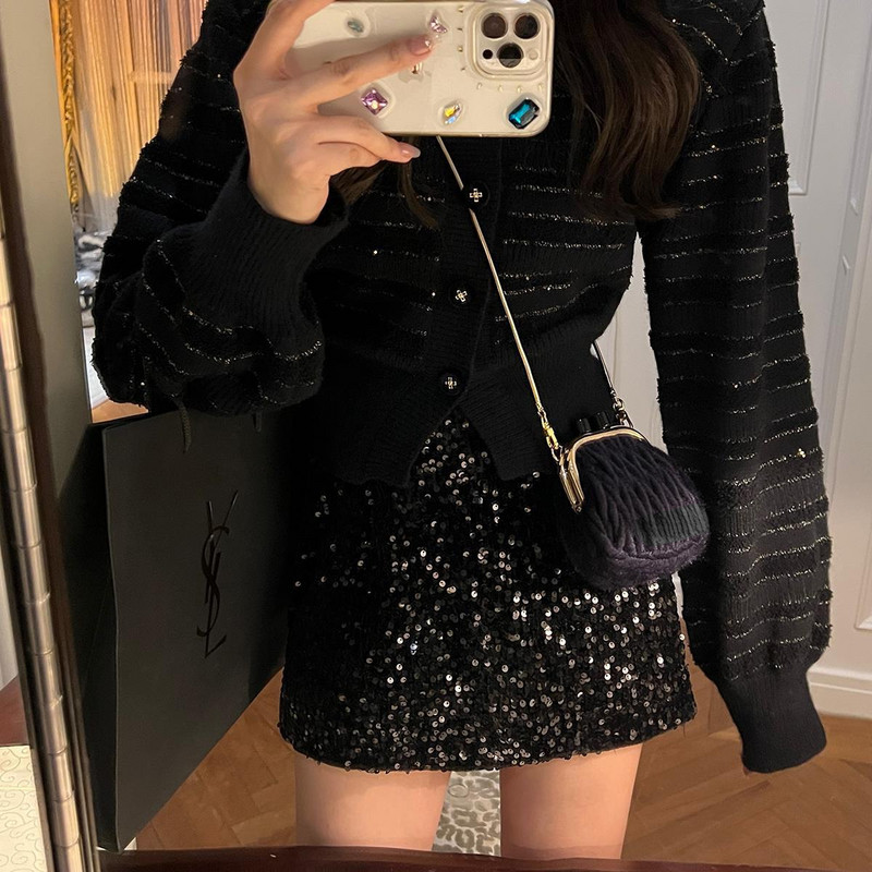 Fuste cu paiete femei cu talie înaltă fustă mini strălucitoare cu fermoar Fly A-Line Fusta neagră de seară Y2k Sexy & Club Slim Chic Goth