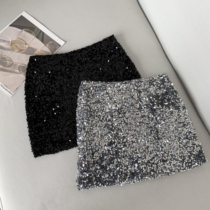 Fuste cu paiete femei cu talie înaltă fustă mini strălucitoare cu fermoar Fly A-Line Fusta neagră de seară Y2k Sexy & Club Slim Chic Goth
