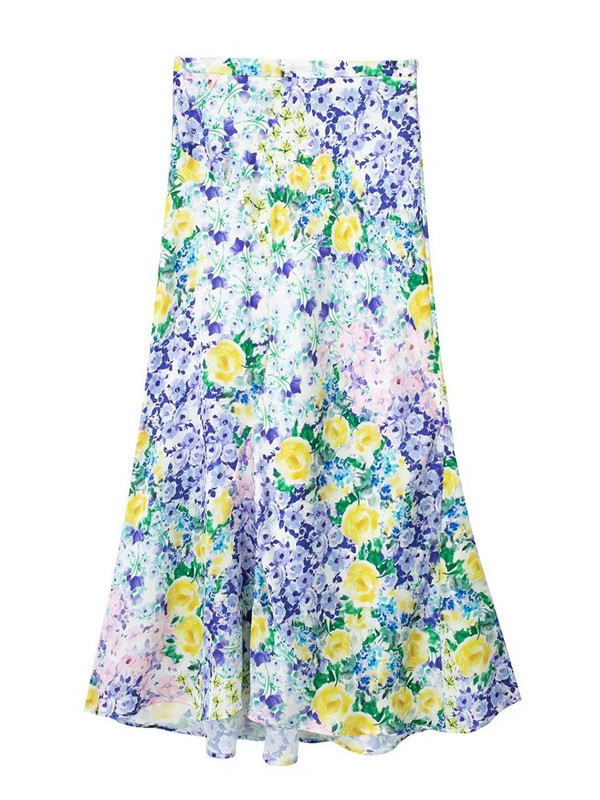 TRAF Nova ženska midi suknja s cvjetnim printom Ljeto 2023. Ženska elegantna haljina A kroja visokog struka Vintage suknja do sredine potkoljenice u stilu za plažu