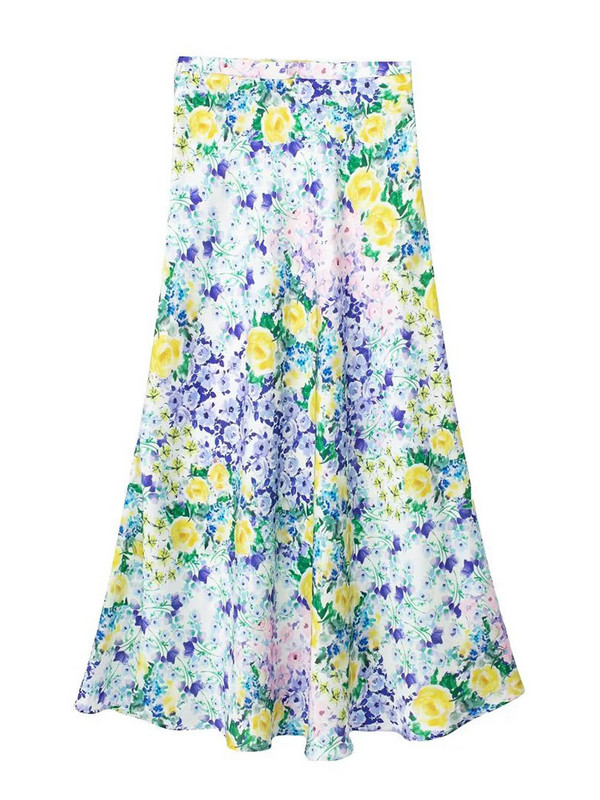 TRAF Nova ženska midi suknja s cvjetnim printom Ljeto 2023. Ženska elegantna haljina A kroja visokog struka Vintage suknja do sredine potkoljenice u stilu za plažu