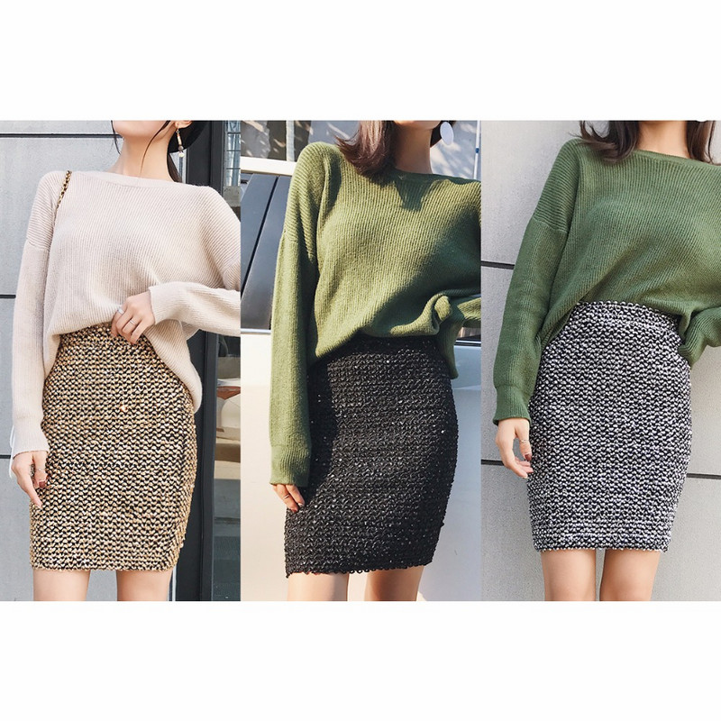 Γυναικείες φούστες Μίνι φούστα με χρυσό παγιέτες Stretchy Bodycon φούστα κοντή φούστα για το Office Lady Party Girl Saia