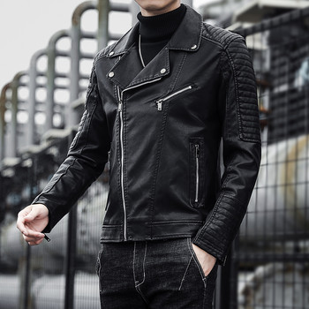 Пролет Есен Мъжко яке от изкуствена кожа Модно мотоциклетно яке Biker Outwear Палто Мъжки едноцветен ветроустойчив ежедневен кожен велур