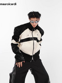 Mauroicardi pavasario rudens negabaritiniai trumpi balti ir juodi kratiniai Pu odinė striukė, vyriški pečių pagalvėlės, užtrauktuku užtraukiami dizainerių drabužiai