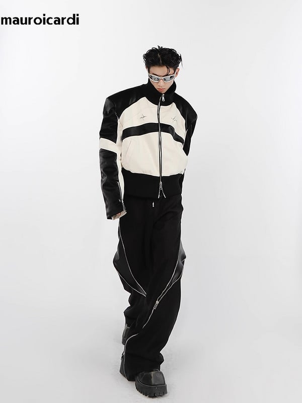 Mauroicardi pavasario rudens negabaritiniai trumpi balti ir juodi kratiniai Pu odinė striukė, vyriški pečių pagalvėlės, užtrauktuku užtraukiami dizainerių drabužiai