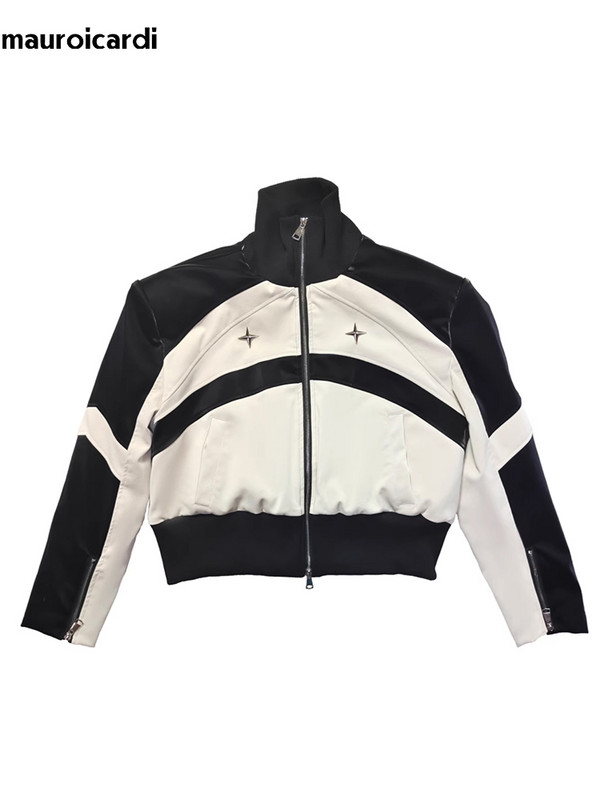 Mauroicardi pavasario rudens negabaritiniai trumpi balti ir juodi kratiniai Pu odinė striukė, vyriški pečių pagalvėlės, užtrauktuku užtraukiami dizainerių drabužiai