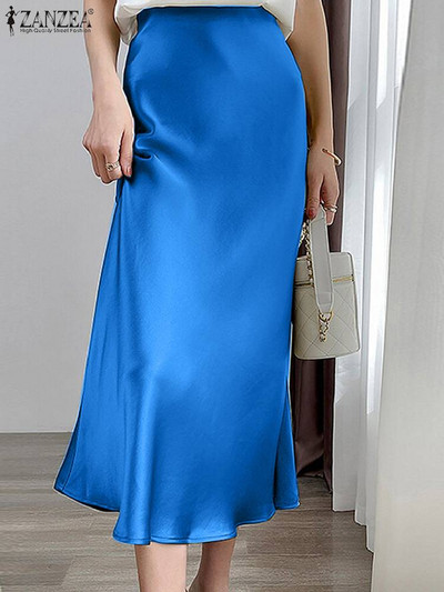 ZANZEA Fashion Γυναικείες μακριές φούστες Α-γραμμή ψηλόμεση σατέν φούστα Κομψό πάρτι Jupe Sundress Solid Faldas Saia Zipper Vestido 2023