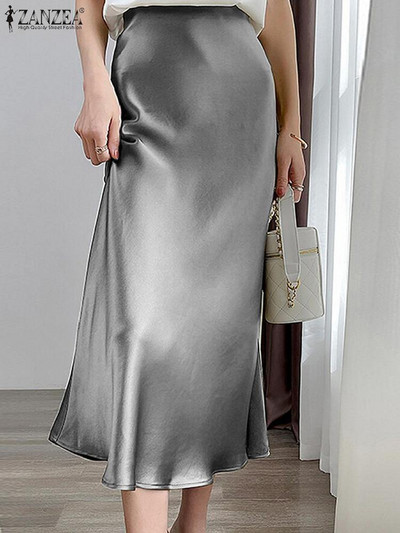 ZANZEA Fashion Γυναικείες μακριές φούστες Α-γραμμή ψηλόμεση σατέν φούστα Κομψό πάρτι Jupe Sundress Solid Faldas Saia Zipper Vestido 2023