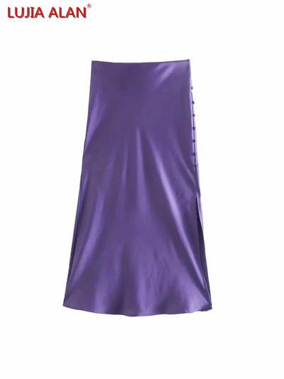Vară femei satin talie elastică cu fantă laterală fustă A-Line New Fashion Lady Button Decoration Falda Midi LUJIA ALAN P1597
