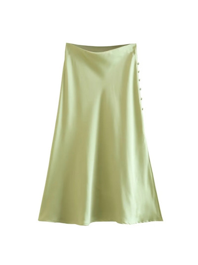 Vară femei satin talie elastică cu fantă laterală fustă A-Line New Fashion Lady Button Decoration Falda Midi LUJIA ALAN P1597