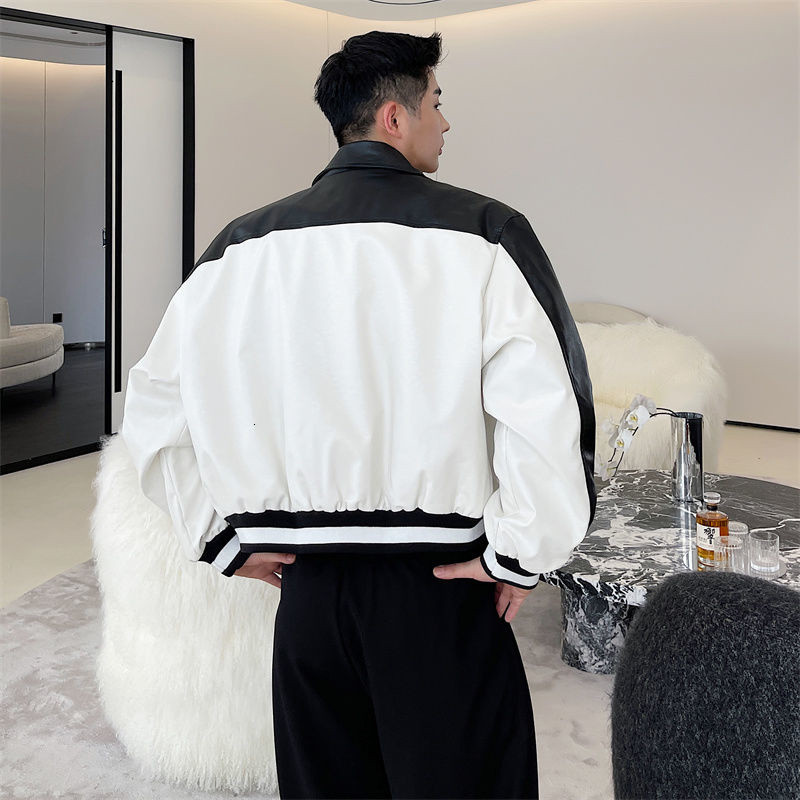 IEFB Pánska farebná bloková patchworková ležérna mikina z PU kože 2023 Nový dizajn Voľný motocyklový klopový krátky kabát Jesenný príliv