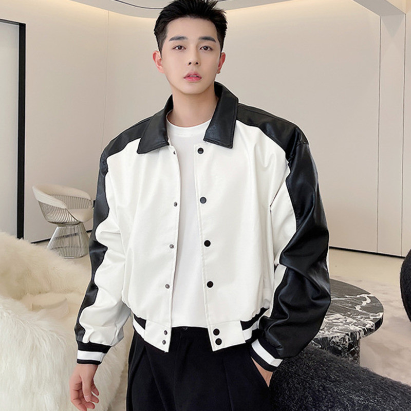 IEFB Pánska farebná bloková patchworková ležérna mikina z PU kože 2023 Nový dizajn Voľný motocyklový klopový krátky kabát Jesenný príliv