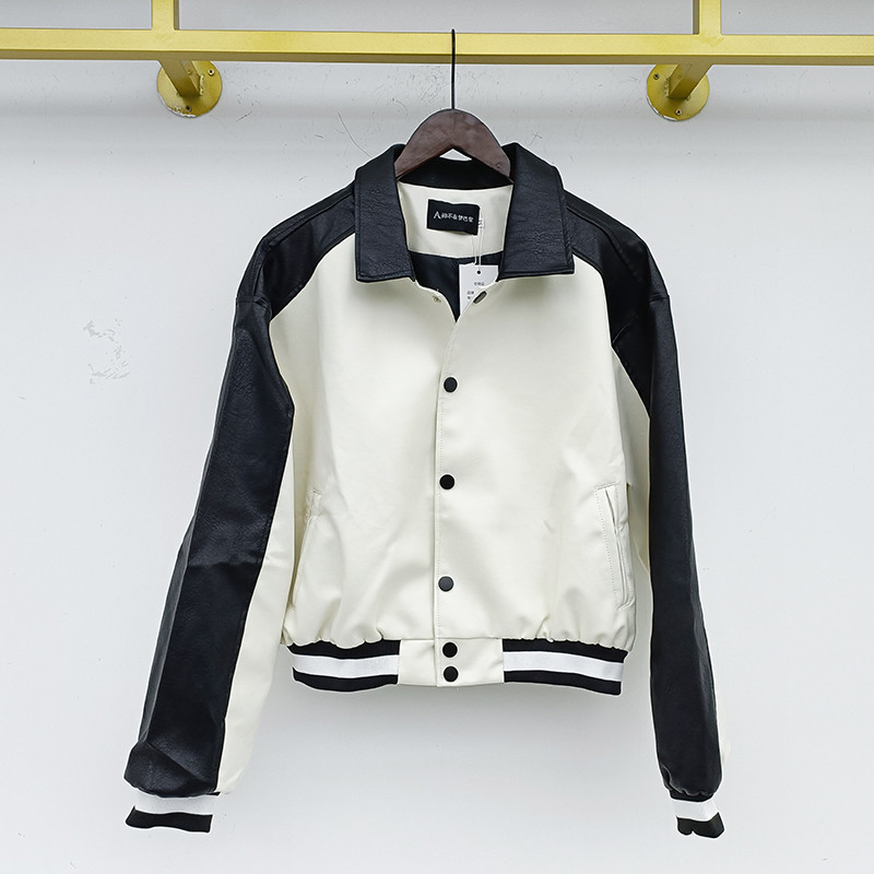 IEFB Pánska farebná bloková patchworková ležérna mikina z PU kože 2023 Nový dizajn Voľný motocyklový klopový krátky kabát Jesenný príliv