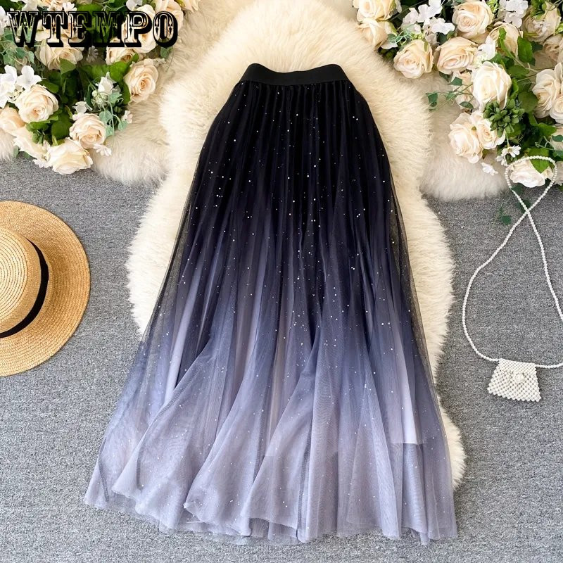 WTEMPO Bling Bling Fairy Starry Metallic A-line Fuste lungi din tul femei Fashion Gradient Culoare Lush Puff Mesh Fuste en-gros