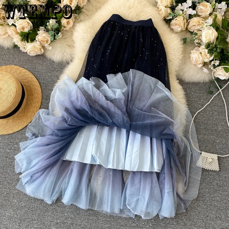 WTEMPO Bling Bling Fairy Starry Metallic A-line Fuste lungi din tul femei Fashion Gradient Culoare Lush Puff Mesh Fuste en-gros