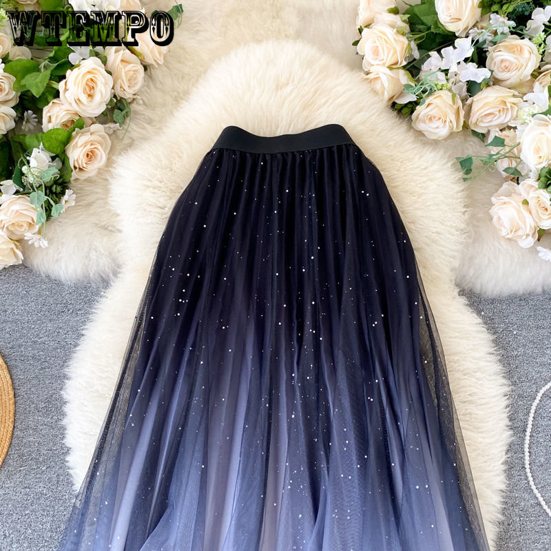WTEMPO Bling Bling Fairy Starry Metallic A-line Fuste lungi din tul femei Fashion Gradient Culoare Lush Puff Mesh Fuste en-gros