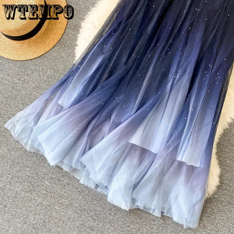 WTEMPO Bling Bling Fairy Starry Metallic A-line Fuste lungi din tul femei Fashion Gradient Culoare Lush Puff Mesh Fuste en-gros