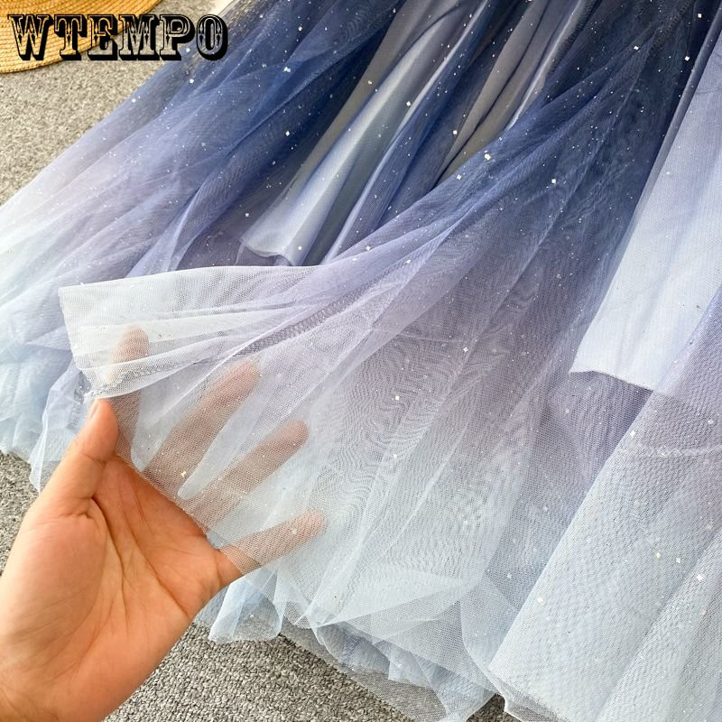 WTEMPO Bling Bling Fairy Starry Metallic A-line Fuste lungi din tul femei Fashion Gradient Culoare Lush Puff Mesh Fuste en-gros
