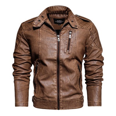 Jesenná zimná pánska kožená bunda so stojacím golierom, jednofarebný štíhly outfit, pánsky streetwear, motocyklová kožená bunda s PU kabátom