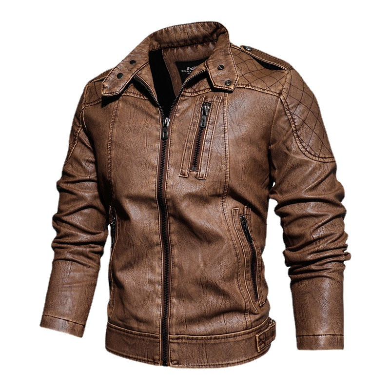 Jesenná zimná pánska kožená bunda so stojacím golierom, jednofarebný štíhly outfit, pánsky streetwear, motocyklová kožená bunda s PU kabátom