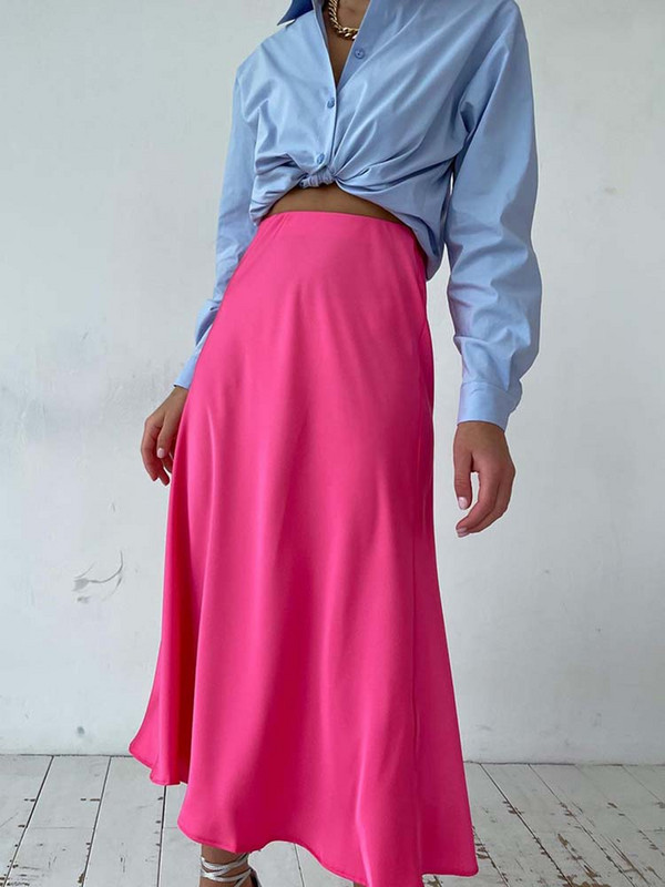 Fuste din satin de mătase pentru femei, stil coreean, șampanie, birou, cu talie înaltă, fustă A-line, elegantă, solidă, lungă, fustă creion 2023