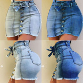 Fuste de denim de vară pentru femei, cu talie înaltă, cu nasturi, cu bandaj, fuste de blugi, pentru femei, cu ciucuri, fuste scurte