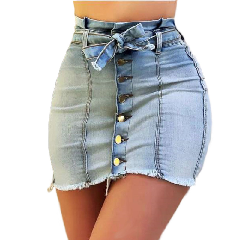Fuste de denim de vară pentru femei, cu talie înaltă, cu nasturi, cu bandaj, fuste de blugi, pentru femei, cu ciucuri, fuste scurte