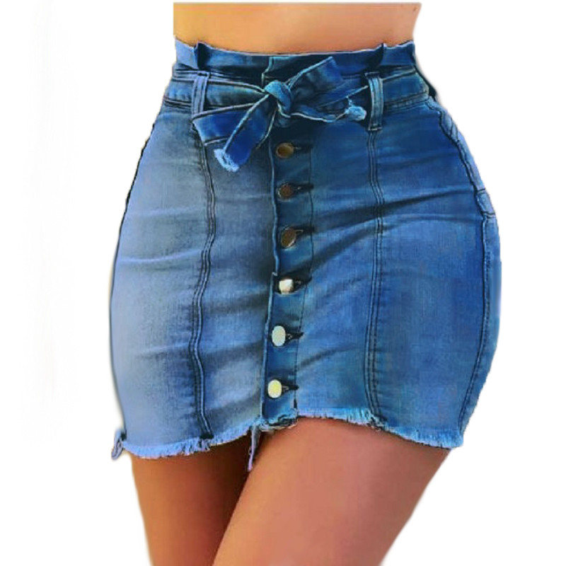 Fuste de denim de vară pentru femei, cu talie înaltă, cu nasturi, cu bandaj, fuste de blugi, pentru femei, cu ciucuri, fuste scurte