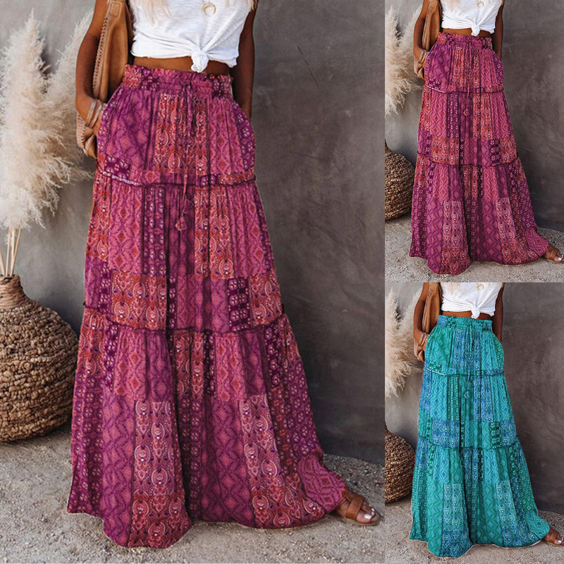 2023 de vară pentru femei fuste maxi cu talie elastică Boho A Line Fuste lungi fluide cu buzunare Fuste boeme pentru doamne
