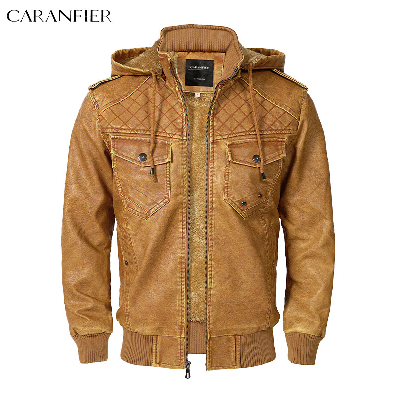 CARANFIER Jachetă din piele PU pentru bărbați, locomotivă, haine de iarnă, căptușite cu lână, pentru motocicliști, îmbrăcăminte exterioară caldă