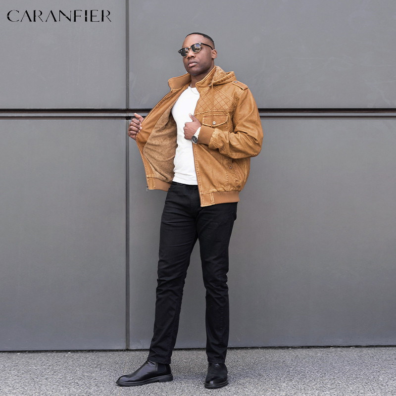 CARANFIER Jachetă din piele PU pentru bărbați, locomotivă, haine de iarnă, căptușite cu lână, pentru motocicliști, îmbrăcăminte exterioară caldă