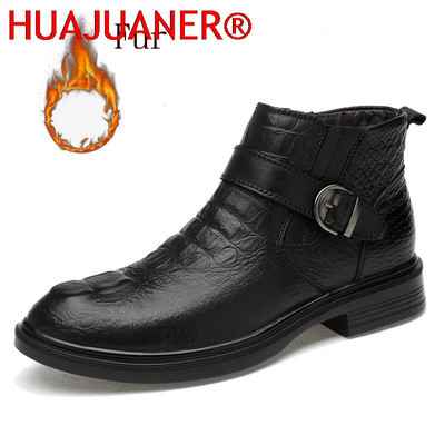 Zimske visokokvalitetne kožne čizme Debeli kožni potplat Chelsea muške čizme Crne poslovne svečane čizme Krokodilski uzorak Ležerne čizme