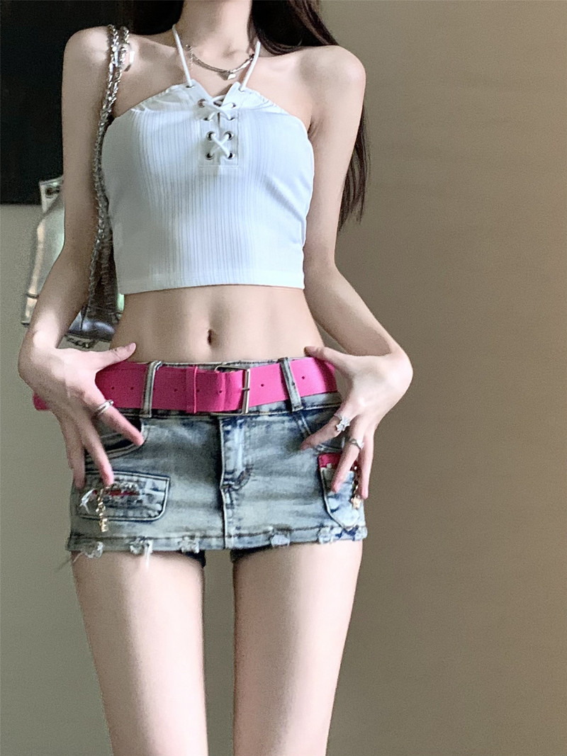 Y2K Vintage ženske korejske seksi kratke traper mini suknje s remenom Estetske vilinske grunge traperice visokog struka Suknja a-kroja Alternativna odjeća