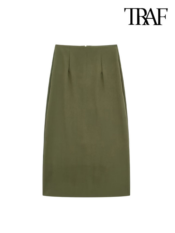 TRAF Ženska moda s preklopom s prednjim prorezom Cargo midi suknja Vintage letjeće ženske suknje s patentnim zatvaračem visokog struka Mujer