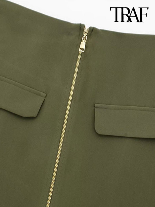 TRAF Ženska moda s preklopom s prednjim prorezom Cargo midi suknja Vintage letjeće ženske suknje s patentnim zatvaračem visokog struka Mujer