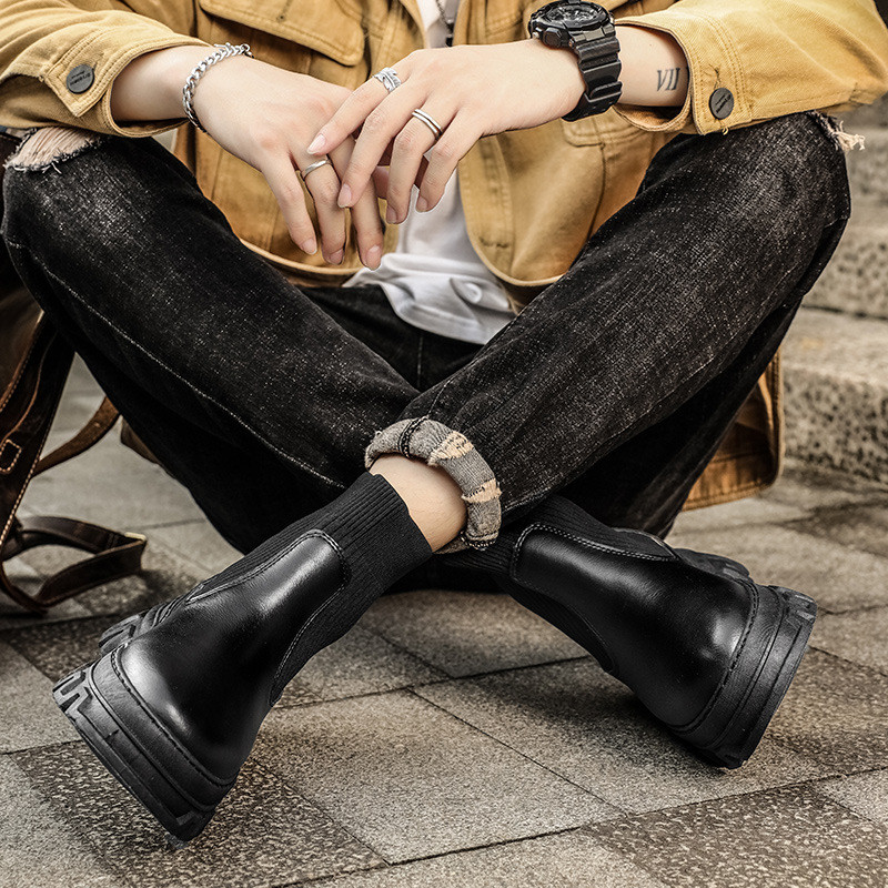 2023 Módne kožené čižmy Chelsea Kingdom, pánske vysoké topánky, nové ponožky, nazúvacie pánske topánky na platforme, pekné a pohodlné