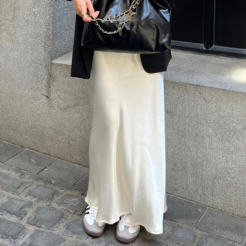 Chic ženske vintage ravne suknje Ljeto za odmor na plaži Y2K satenske duge suknje visokog struka na vezanje Francuska elegantna ženska ulična odjeća