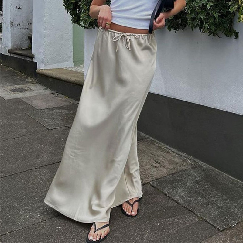 Chic ženske vintage ravne suknje Ljeto za odmor na plaži Y2K satenske duge suknje visokog struka na vezanje Francuska elegantna ženska ulična odjeća