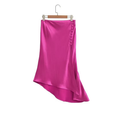 Dámske elegantné francúzske jednofarebné letné midi sukne s bočným výstrihom, lesklé, nepravidelné, s krátkym rukávom, vesta QUN800