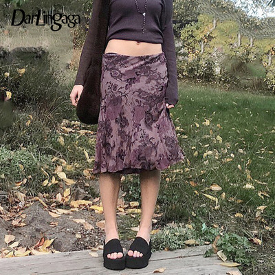 Darlingaga Vintage Y2K Floral εμπριμέ γυναικεία φούστα 90s Αισθητική Grunge Fairycore Midi Summer Mesh Διπλή στρώση