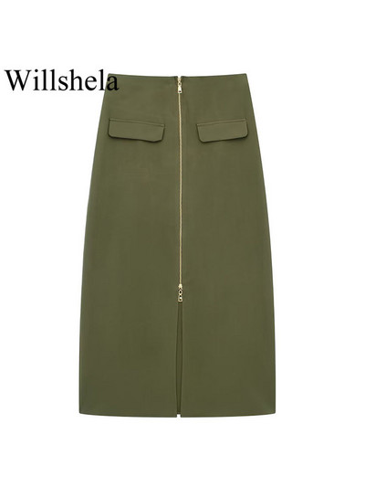 Willshela Γυναικεία μόδα Cargo Midi φούστα με φερμουάρ Vintage ψηλή ελαστική μέση Γυναικείες κομψές μακριές φούστες
