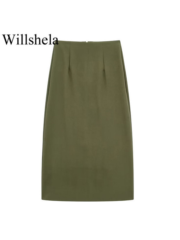 Willshela Γυναικεία μόδα Cargo Midi φούστα με φερμουάρ Vintage ψηλή ελαστική μέση Γυναικείες κομψές μακριές φούστες